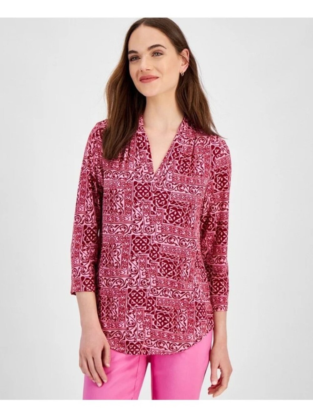 Jm Collection Smara Statement V-Neck 3/4-Sleeve Top Size XXL Burgundy Pink